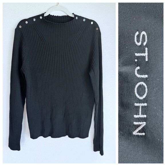 St John Women's Black Knit Ribbed Mock Neck Long Sleeve Top with Button Shoulder - Picture 1 of 8
